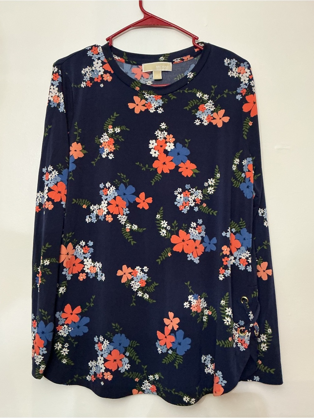Michael Kors Navy Floral Long Sleeve Top with Coral & Blue Blooms